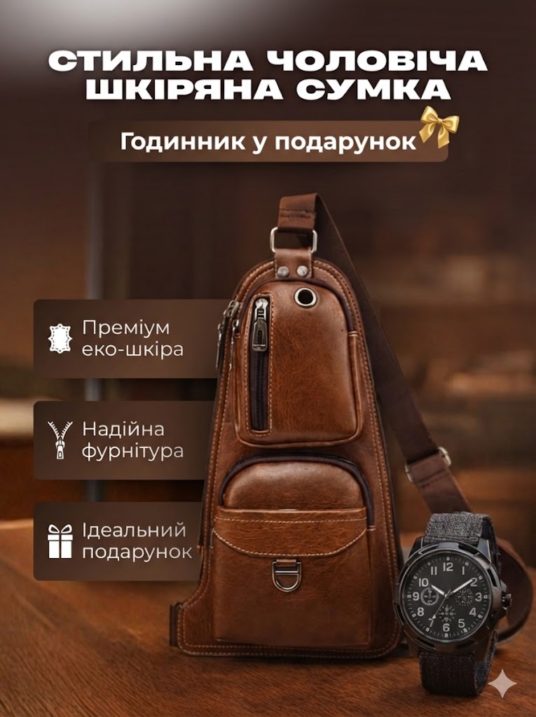 Чоловіча сумка + годинник у подарунок